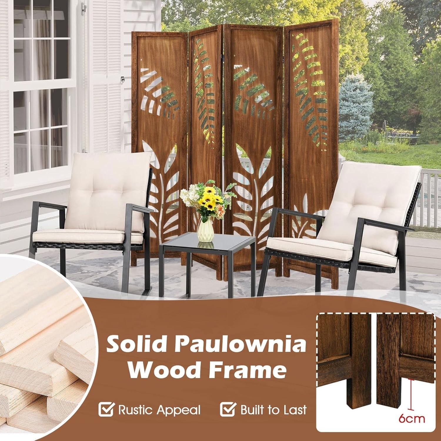 4 Panel Brown Carved Wood Room Divider Leaf Design Privacy Screen 170cm High
