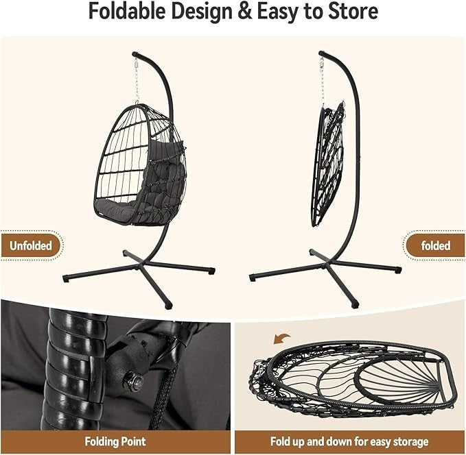 Hanging Egg Chair with Stand Indoor Outdoor Swing Seat Rattan Cushion 150KG