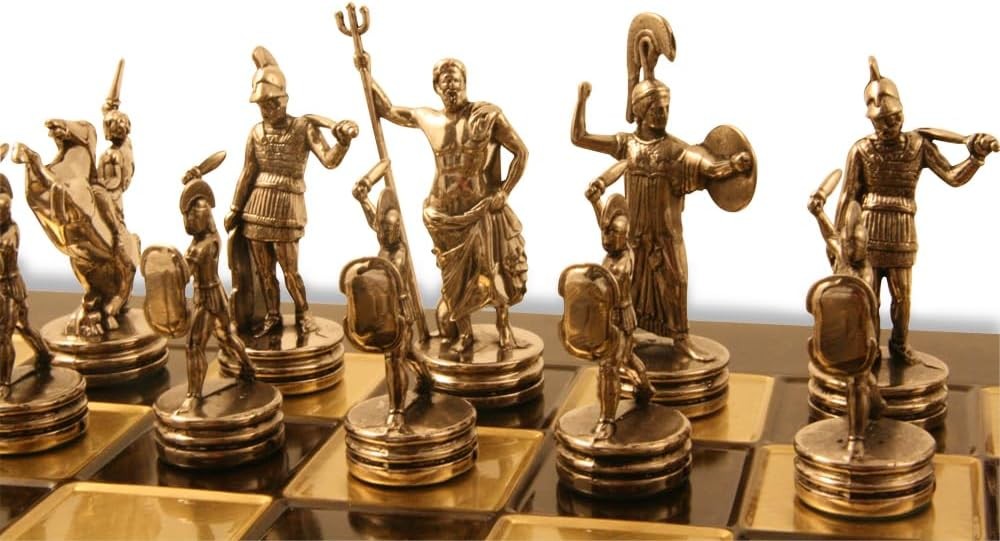 Luxury Greek Statue Chess Set | Zinc Gold & Silver Pieces | 36cm Raised Board