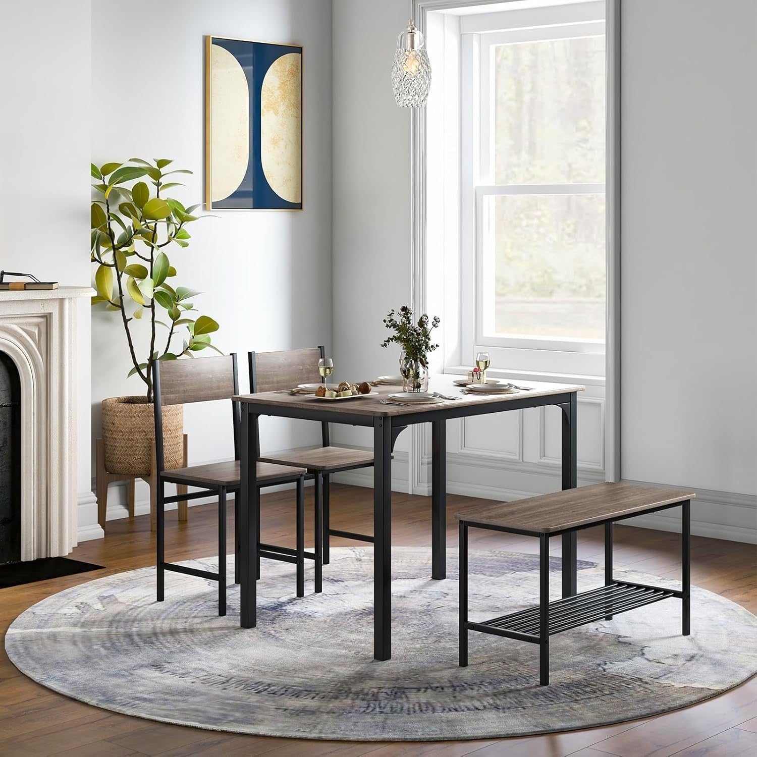 Industrial 4-Piece Dining Set with Bench & Storage Rack – Compact & Stylish