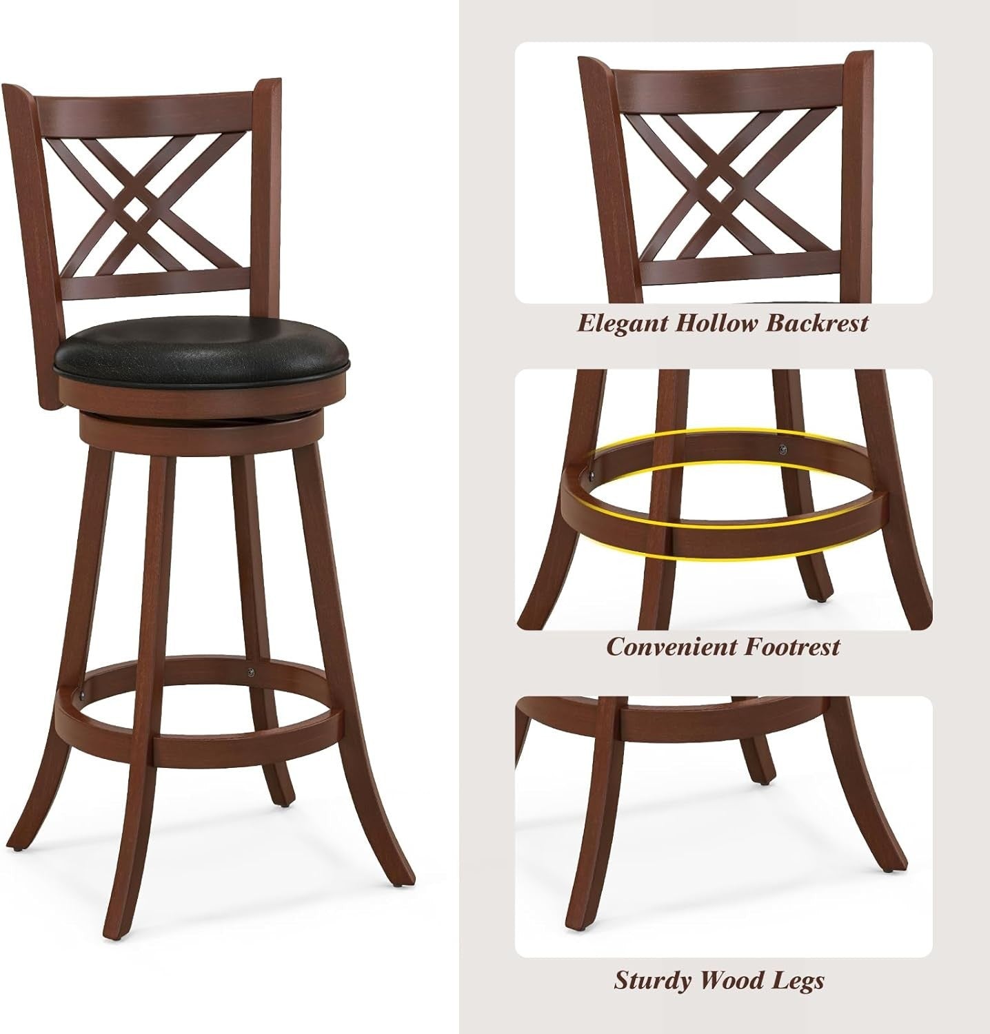 Espresso Black Swivel Bar Stools Set of 2 – Rubber Wood Counter Chairs