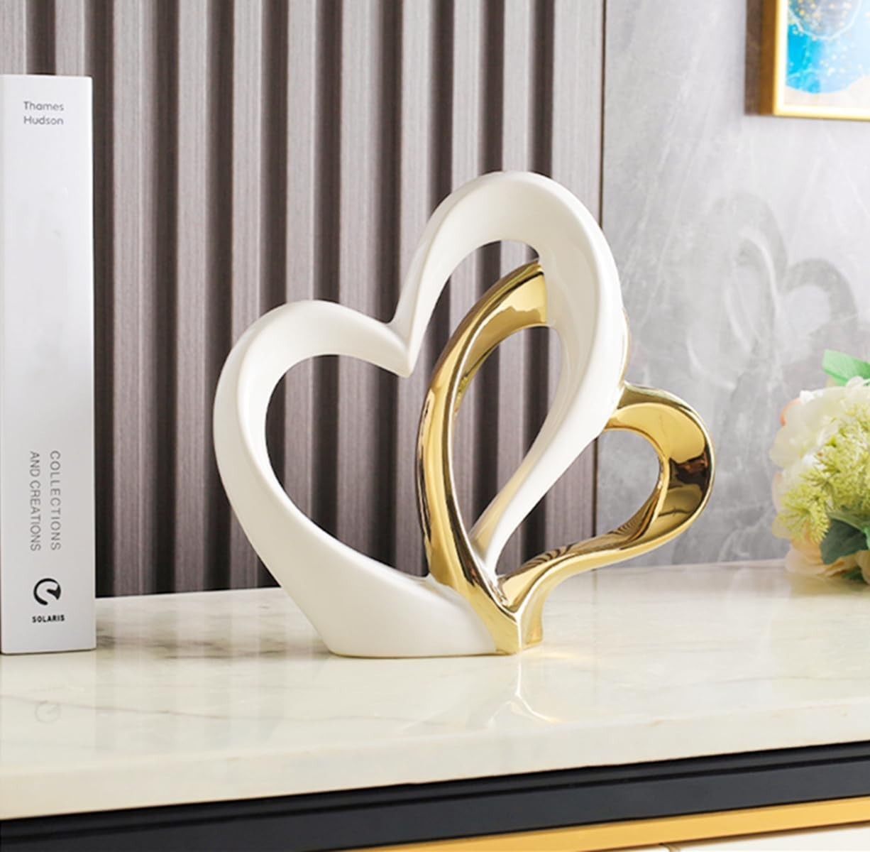 White Gold Double Heart Ceramic Sculpture Modern Luxury Home Decor Ornament Gift