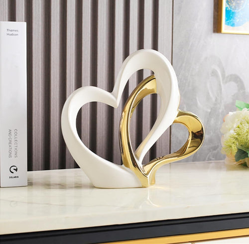 White Gold Double Heart Ceramic Sculpture Modern Luxury Home Decor Ornament Gift