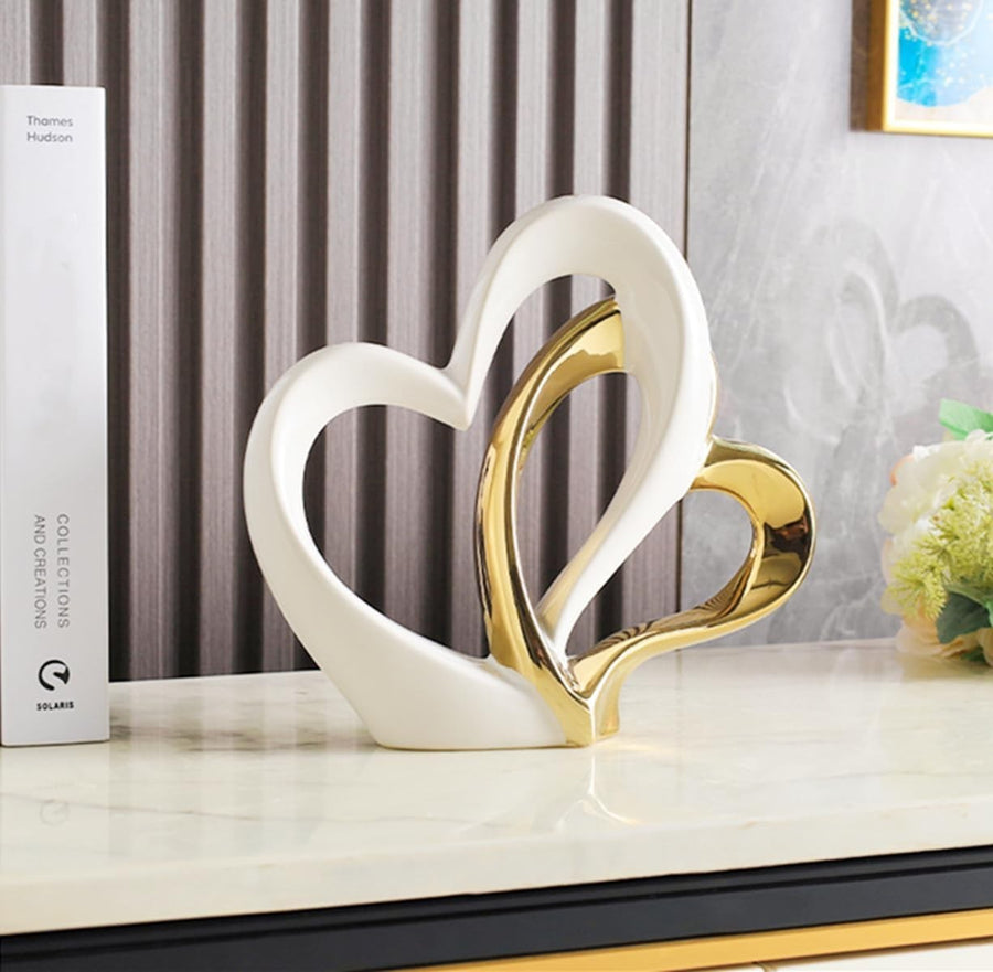 White Gold Double Heart Ceramic Sculpture Modern Luxury Home Decor Ornament Gift