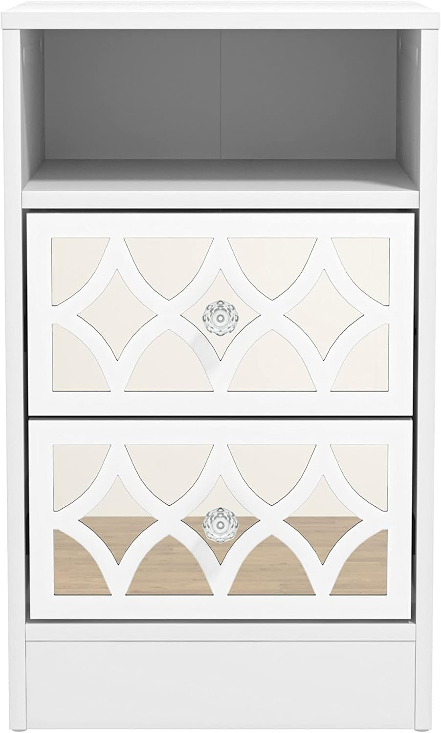 White Bedside Table with Mirror Drawers, Modern 2 Drawer Nightstand for Bedroom
