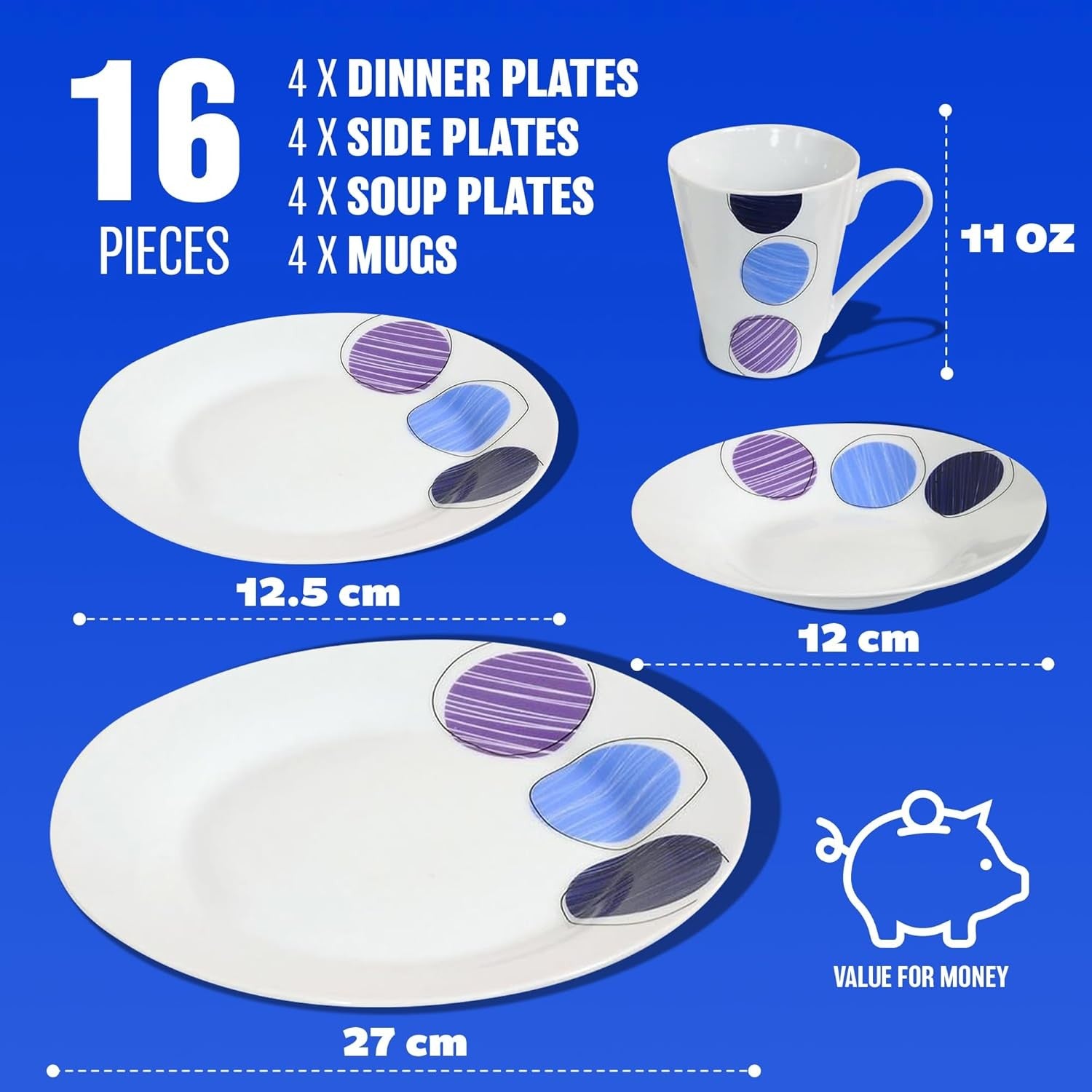 16pc Porcelain Dinner Set Plates Bowls Mugs Blue Purple Microwave Safe
