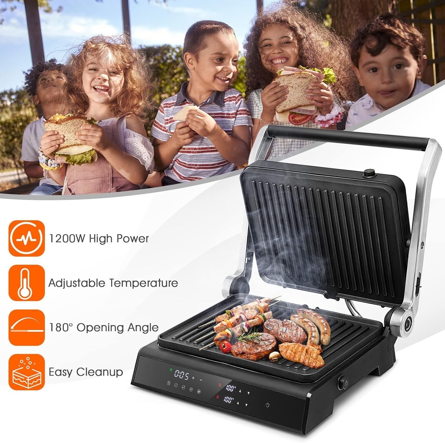 3-in-1 Panini Press Grill 1200W Non-Stick Plates 29x21cm Large Plates
