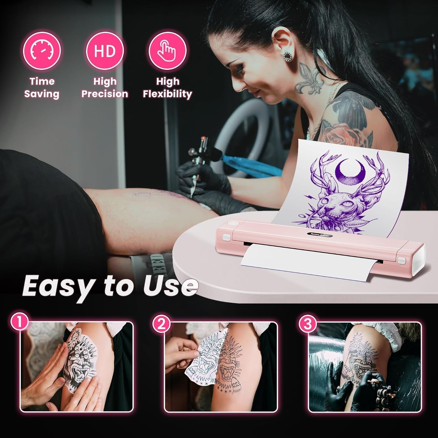 Pink Tattoo Stencil Printer Wireless Thermal Tattoo Machine for Artists
