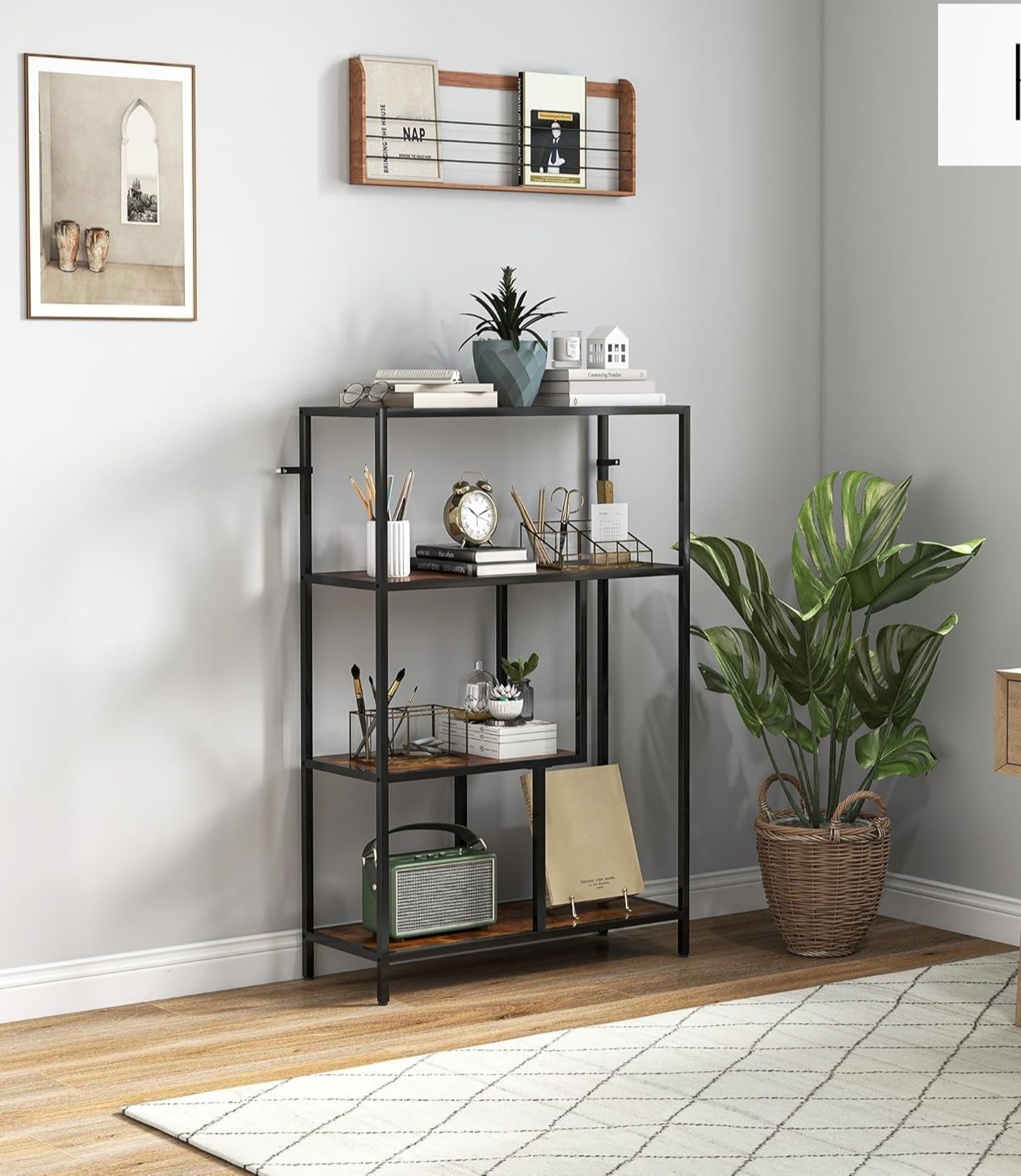 4 Tier Industrial Bookcase Rustic Brown Metal Frame Freestanding Shelf 116cm