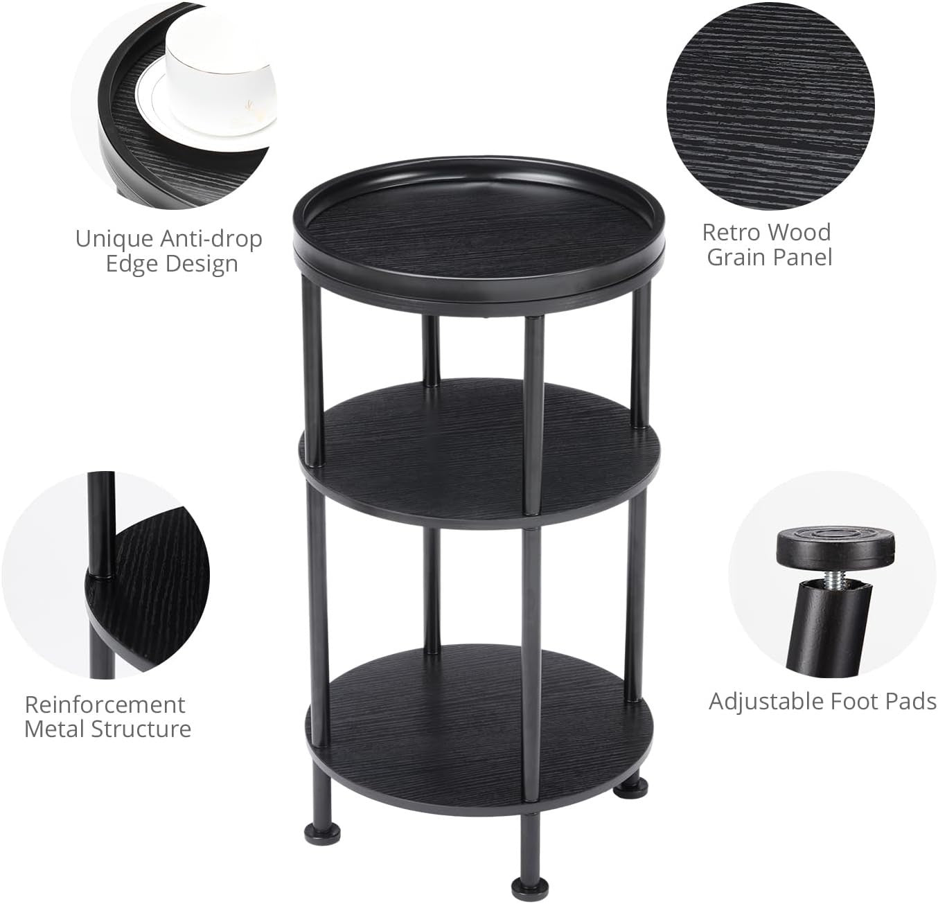 3 Tier Round Side Table with Storage Shelf Metal Frame Small Space 30x55cm