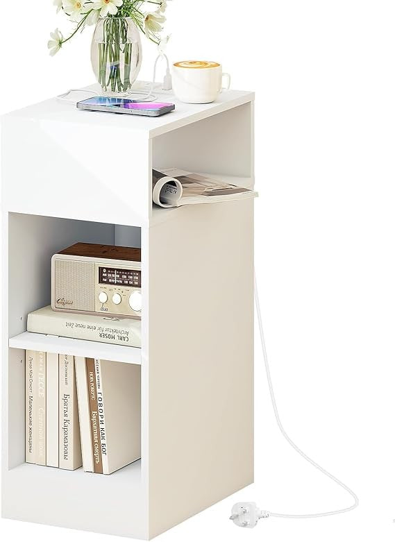 Slim White Bedside Table with Charging Ports & 3 Shelves, Modern Narrow