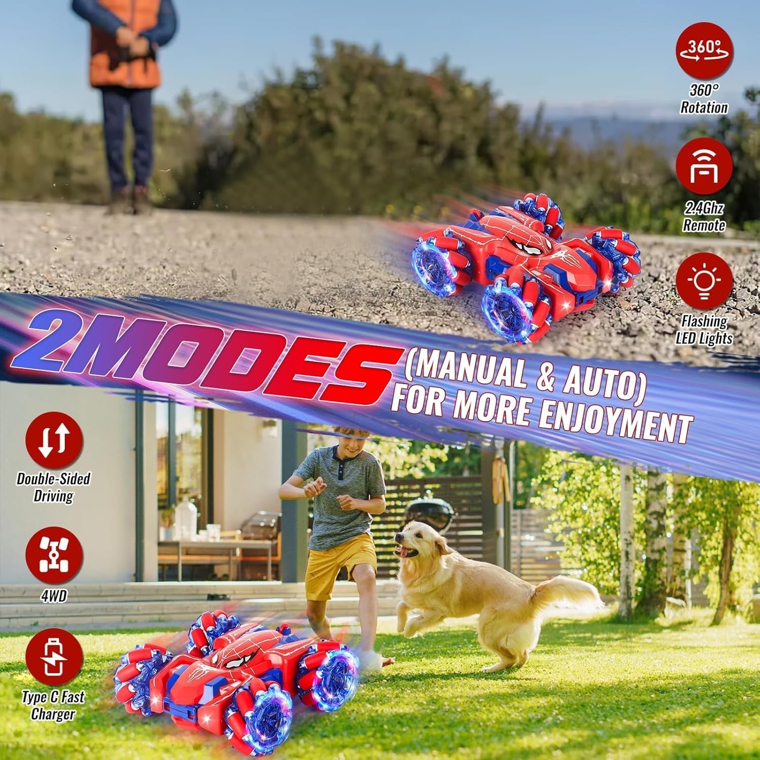 4WD 360° Rotation Double Sided Rechargeable Remote Control Toy for Kids Boys 3-1
