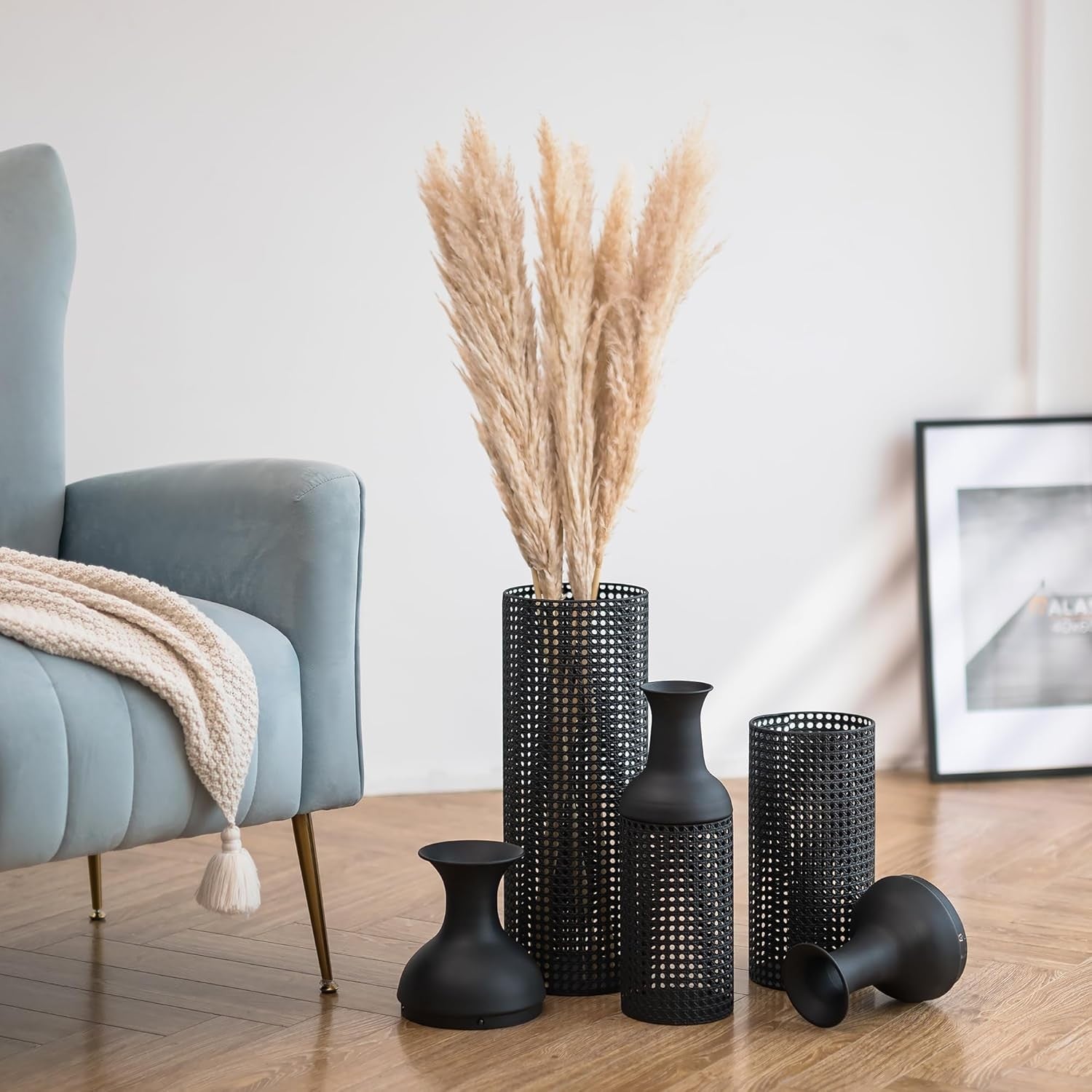 Black Metal Floor Vase Set Tall Modern Living Room Decor 3pcs Statement
