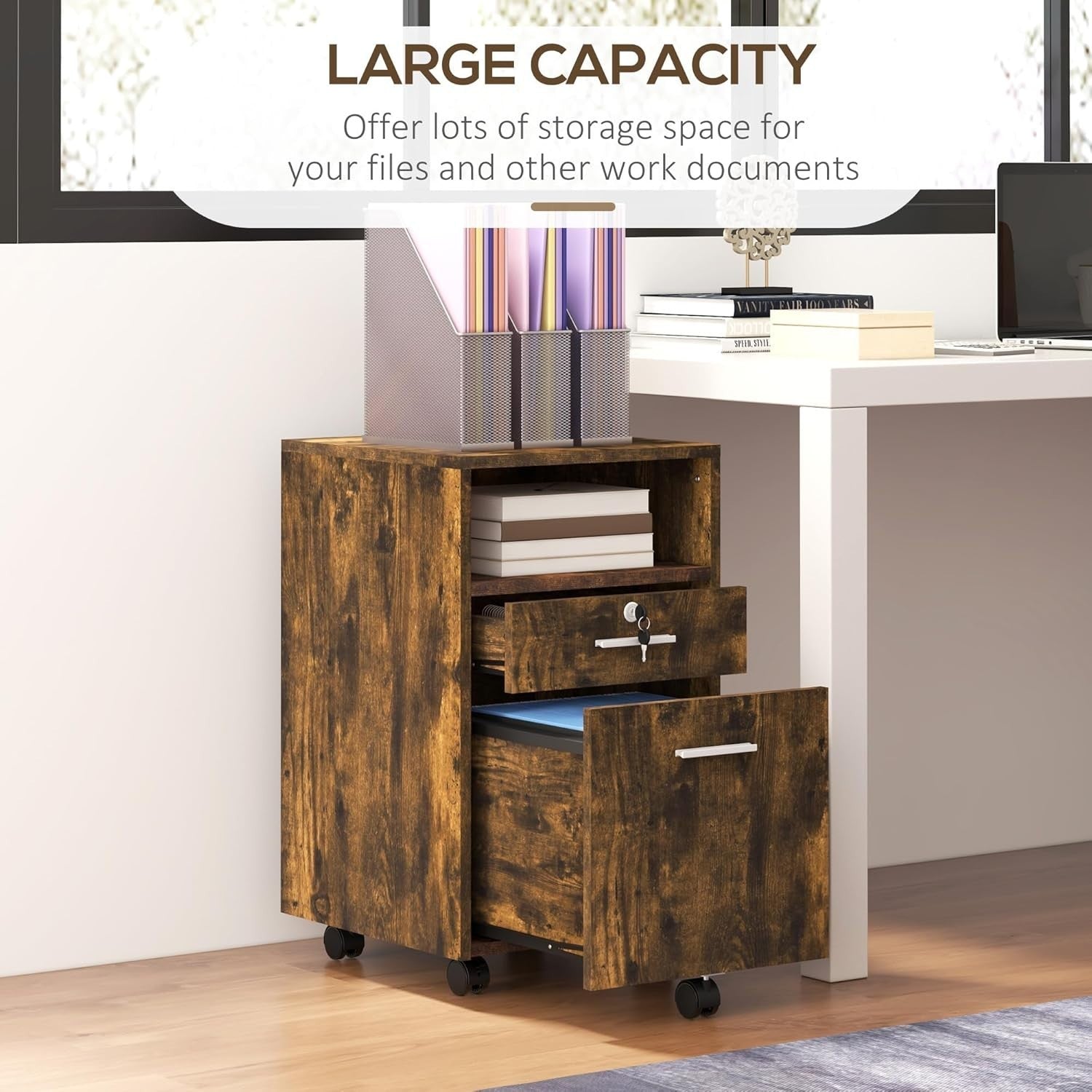 Rustic Brown Mobile File Cabinet 39x40x65cm Lockable A4 Letter