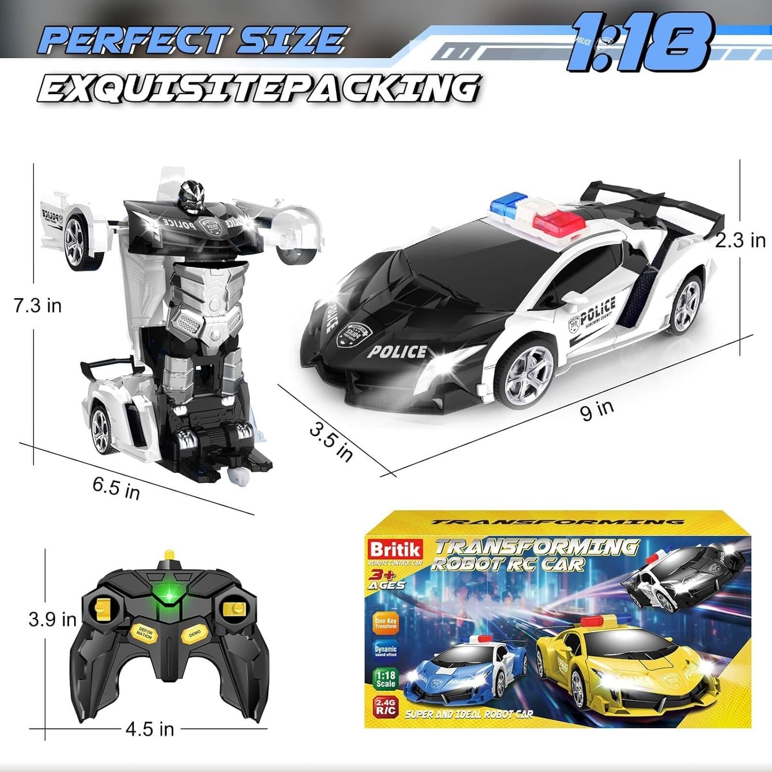 2-in-1 RC Police Car Robot Transforming 360° Spin Toy for Boys Age 3–8