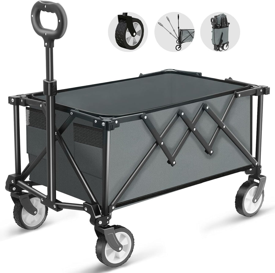 Grey Heavy Duty Folding Wagon 100L All-Terrain Garden Camping Beach Trolley