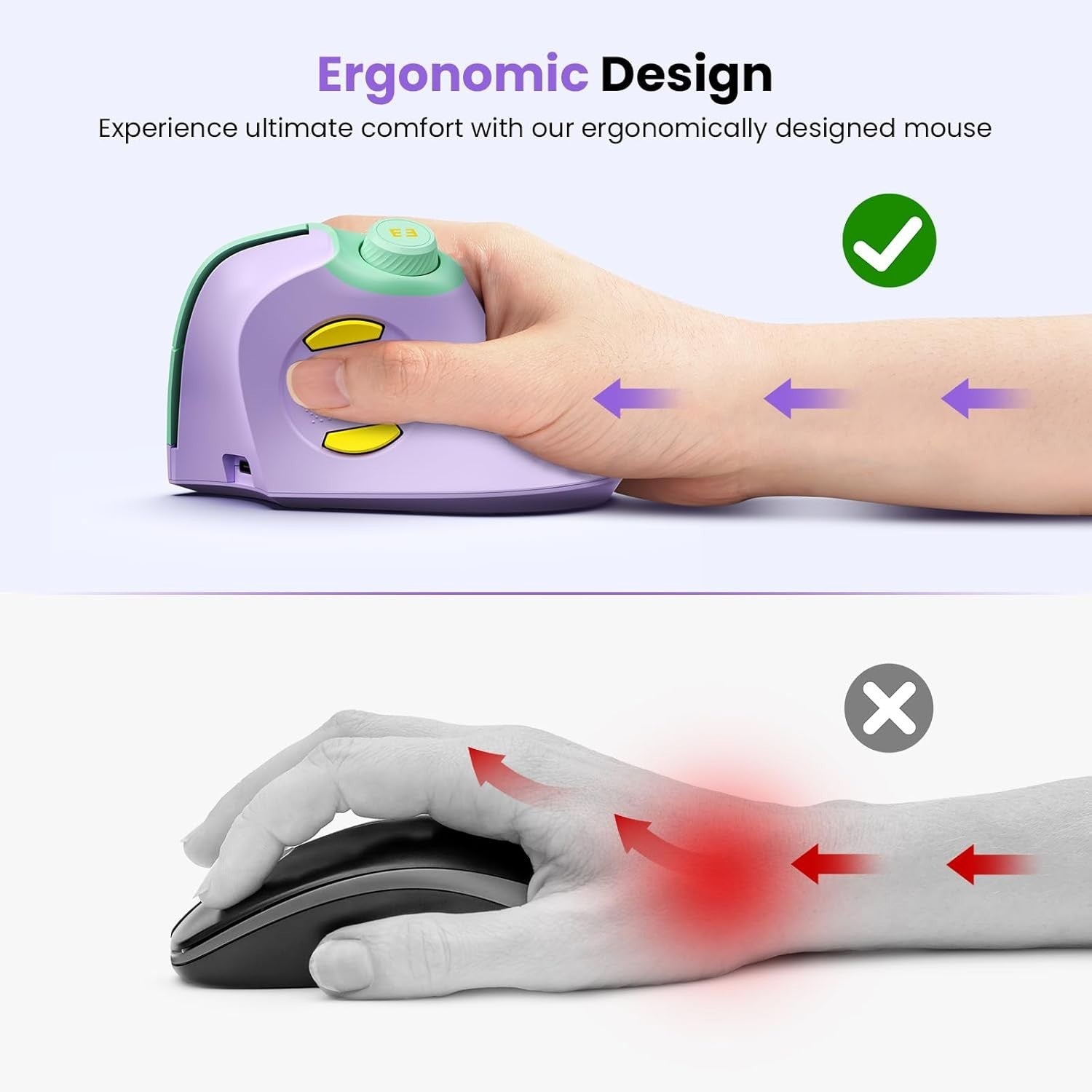 Vertical Ergonomic Wireless Mouse Rechargeable Bluetooth USB Purple