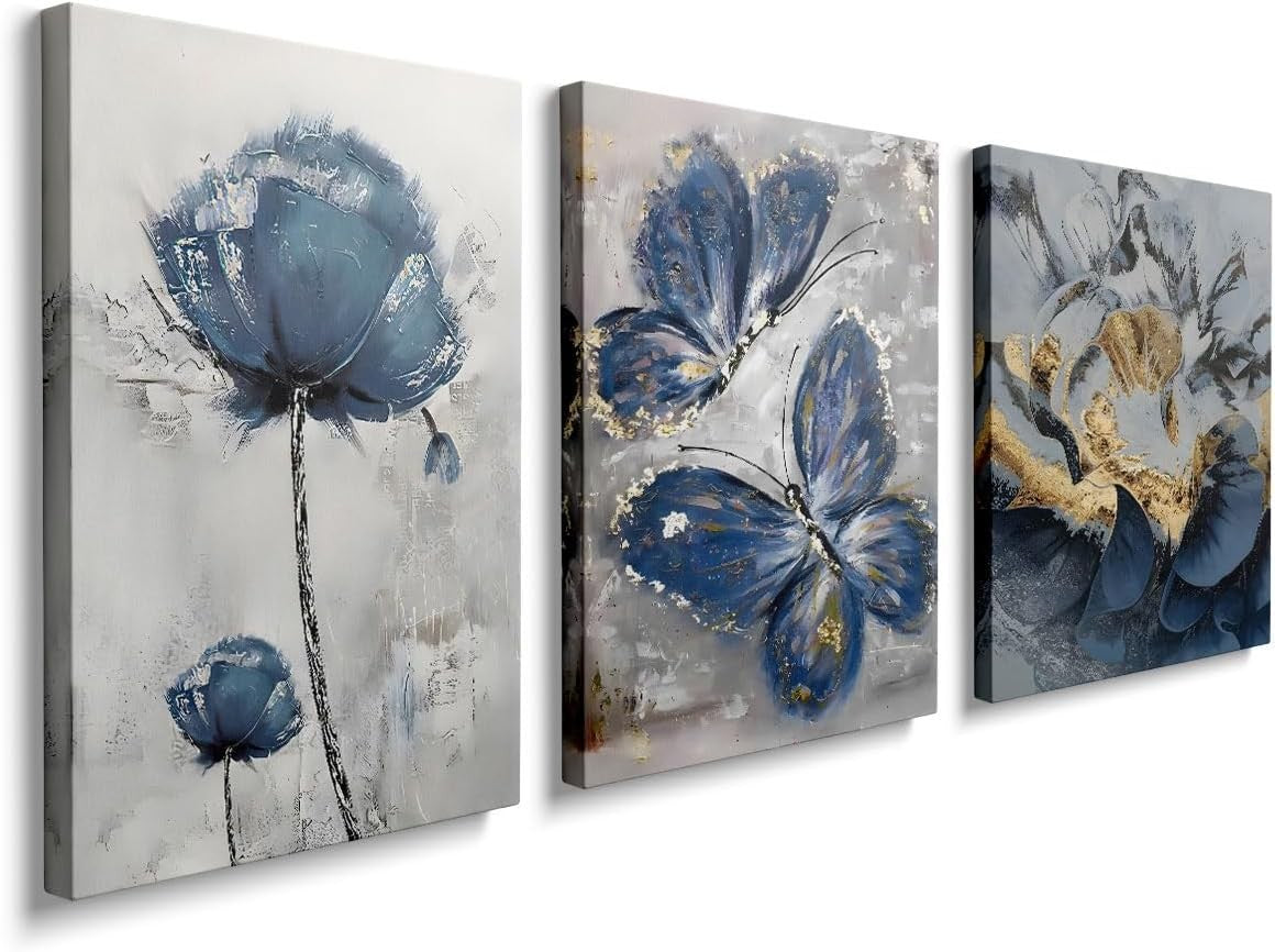 Blue Butterfly Wall Art Set of 3 Framed Canvas 12x16in
