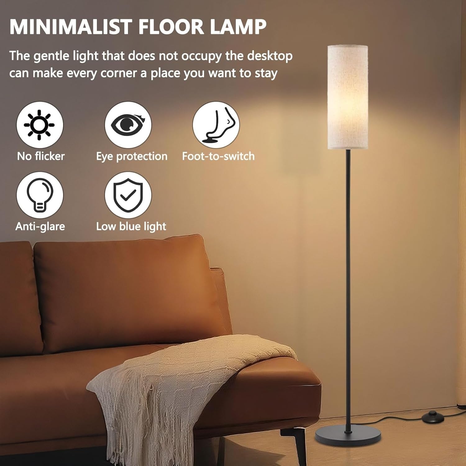 Floor Lamp Tall Dimmable Linen Shade Standing Light Foot Switch Modern