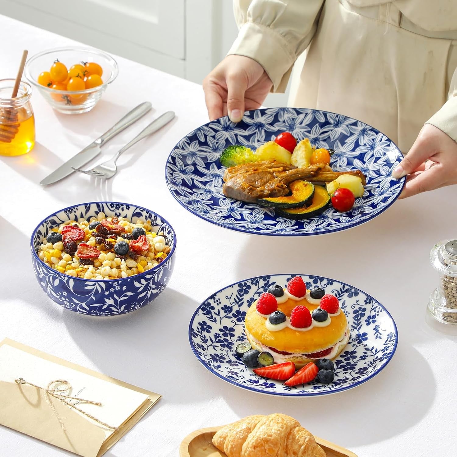 36pc Porcelain Dinnerware Set Blue White Plates Bowls Dishwasher Safe