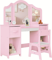 Kids Vanity Table & Chair Set w/ Mirror & Storage Pink White Makeup Desk Girls