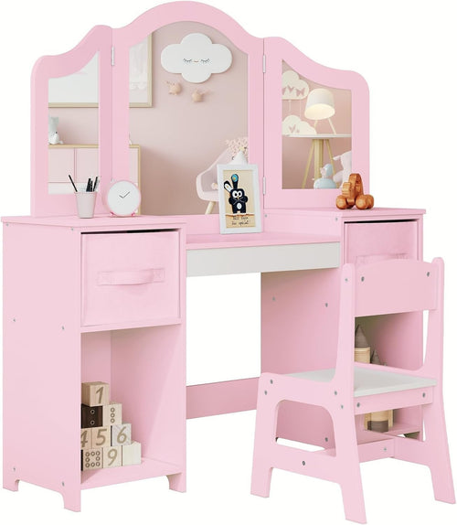 Kids Vanity Table & Chair Set w/ Mirror & Storage Pink White Makeup Desk Girls