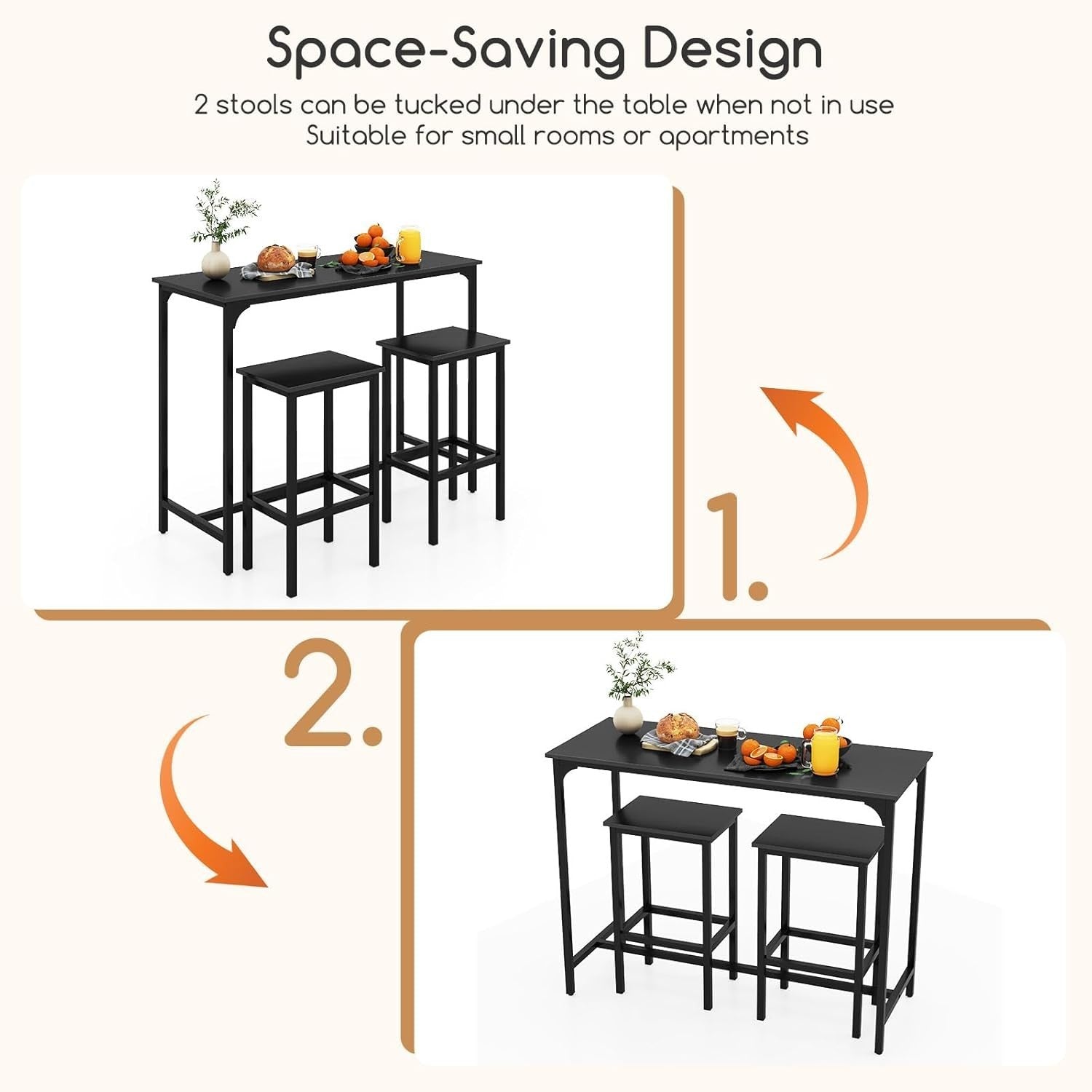 3 Piece Bar Table Set with 2 Stools Space Saving Counter Height Dining Black
