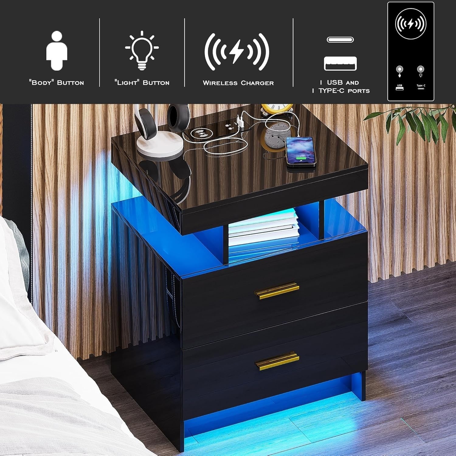 Modern Black LED Bedside Table with Wireless Charging | 2 Drawer Nightstand