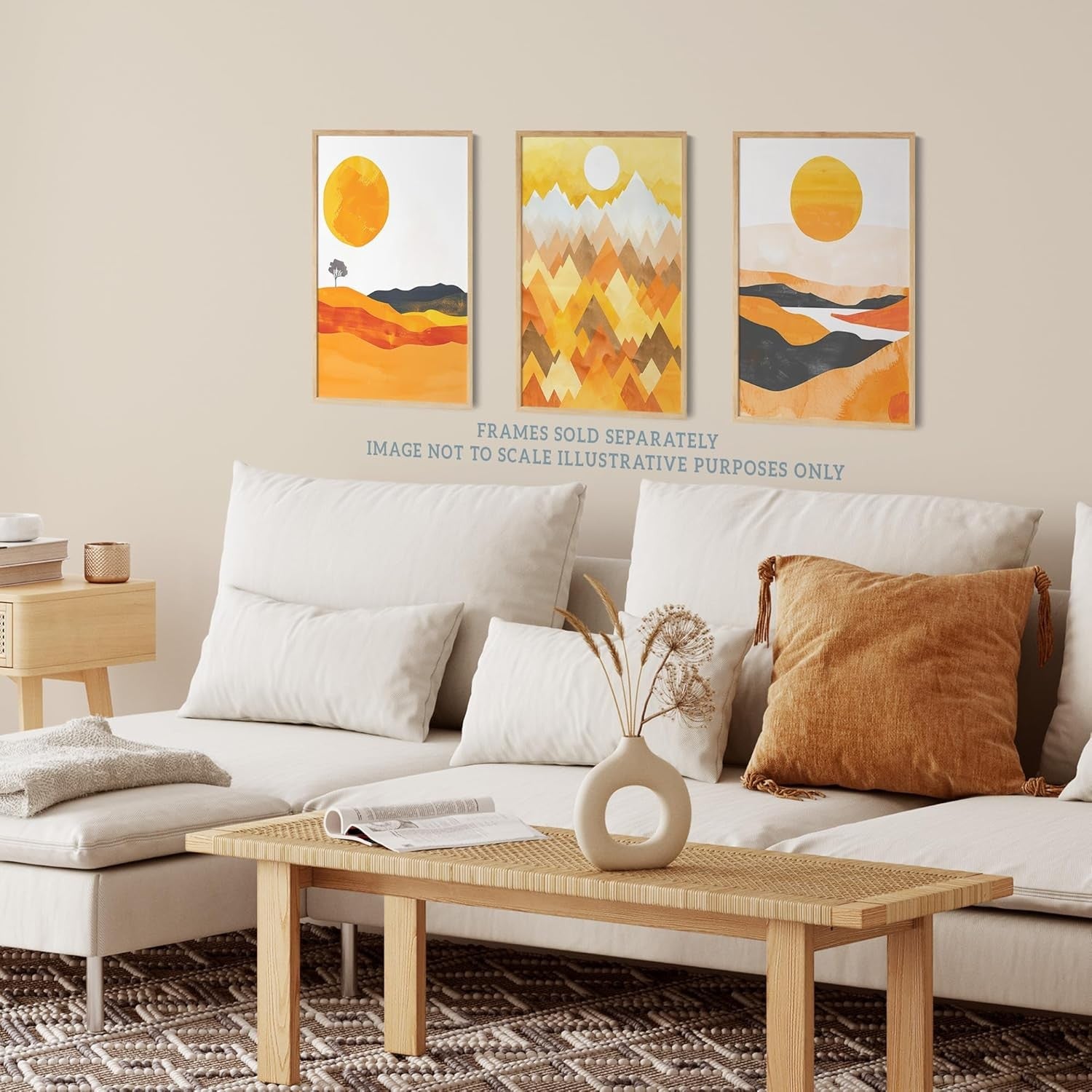 Set of 3 Orange Sunset Mountain Wall Art Prints 12x16 Modern Living Room