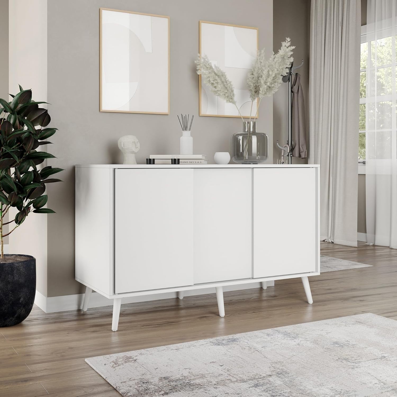 Modern White 3 Door Sideboard Cabinet Storage Unit with Sliding Doors