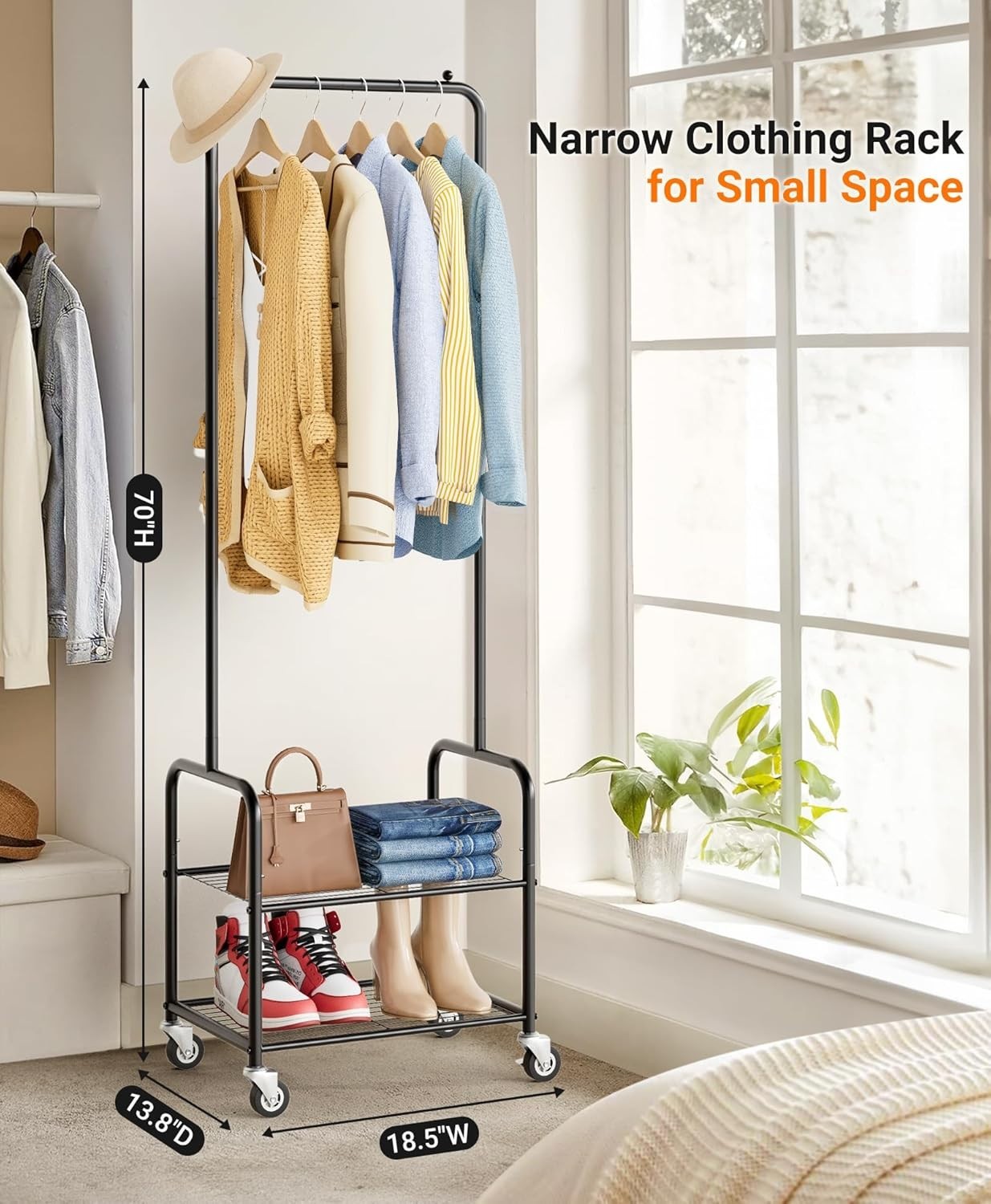 Small Clothes Rack with Shelves Rolling Metal Garment Rail Black