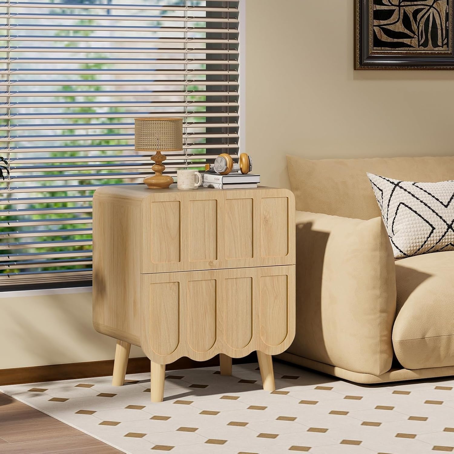 Modern Wood Bedside Table with 2 Drawers, Nightstand for Bedroom