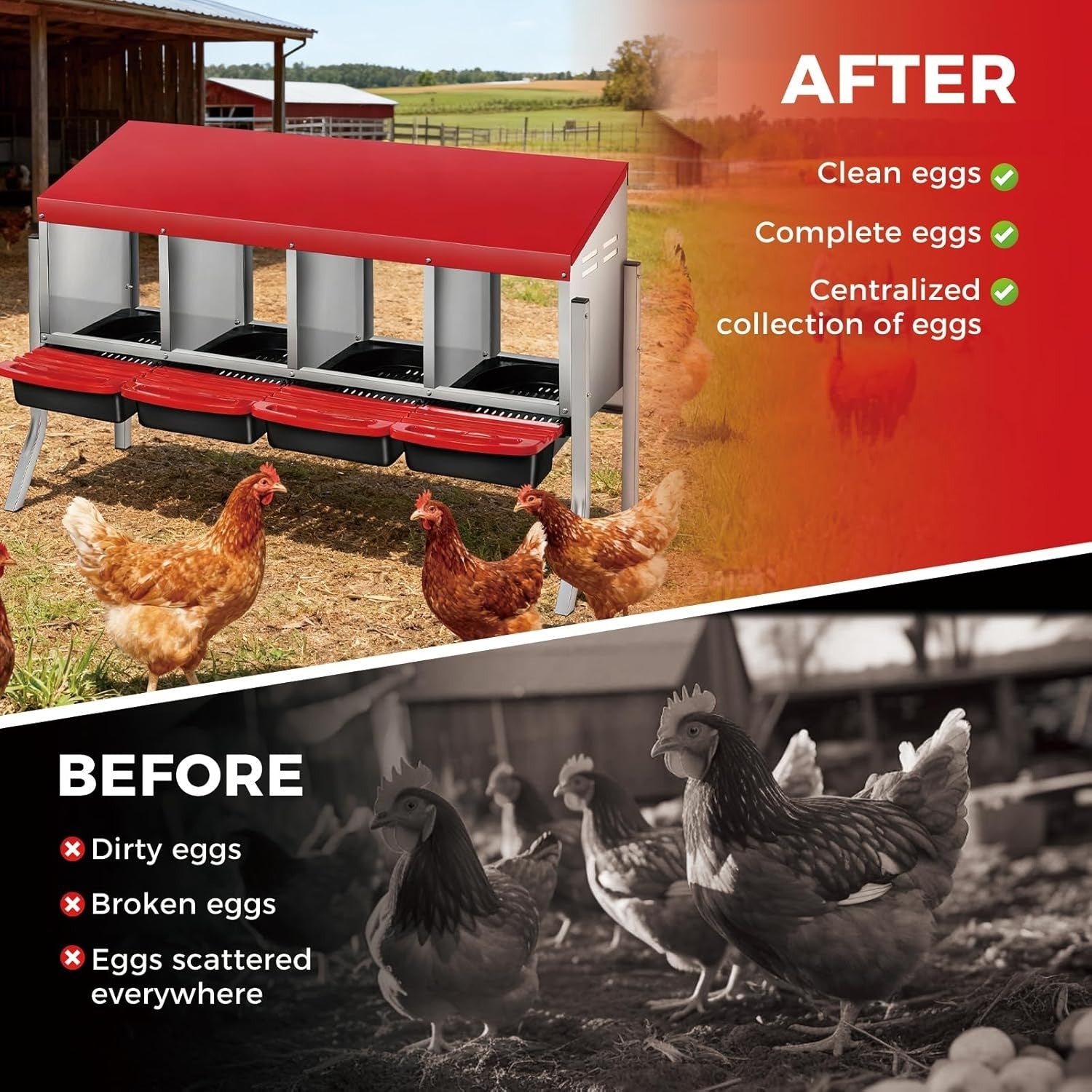 4 Chamber Galvanised Steel Chicken Nest Box Pull Out Tray Red