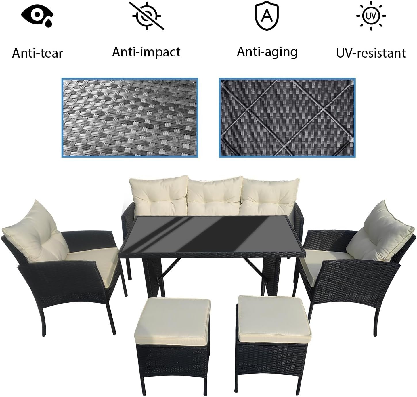 Black Rattan Garden Furniture Set 6 Seater Cushions Sofa Outdoor Patio