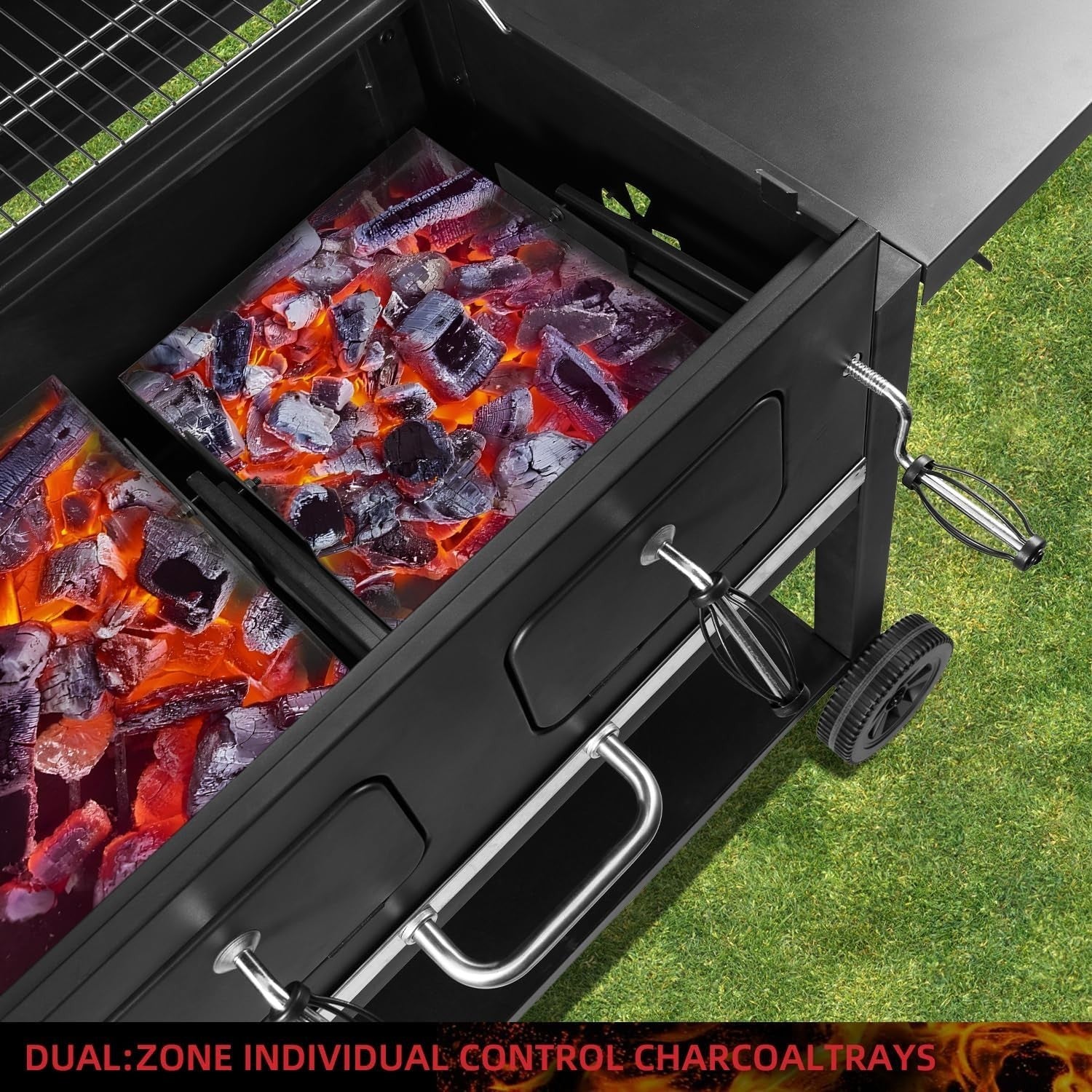 Large Charcoal BBQ Grill with Dual Adjustable Trays & Temperature Gauge