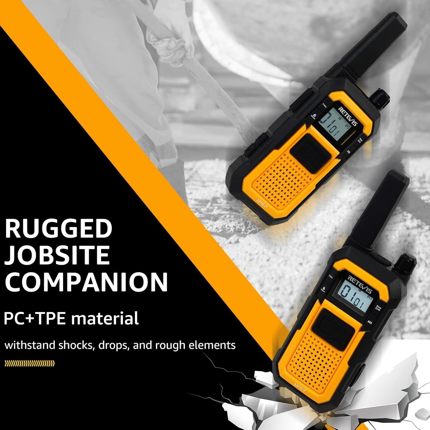 Heavy Duty Walkie Talkies IP67 Waterproof SOS VOX 6 Pack Yellow