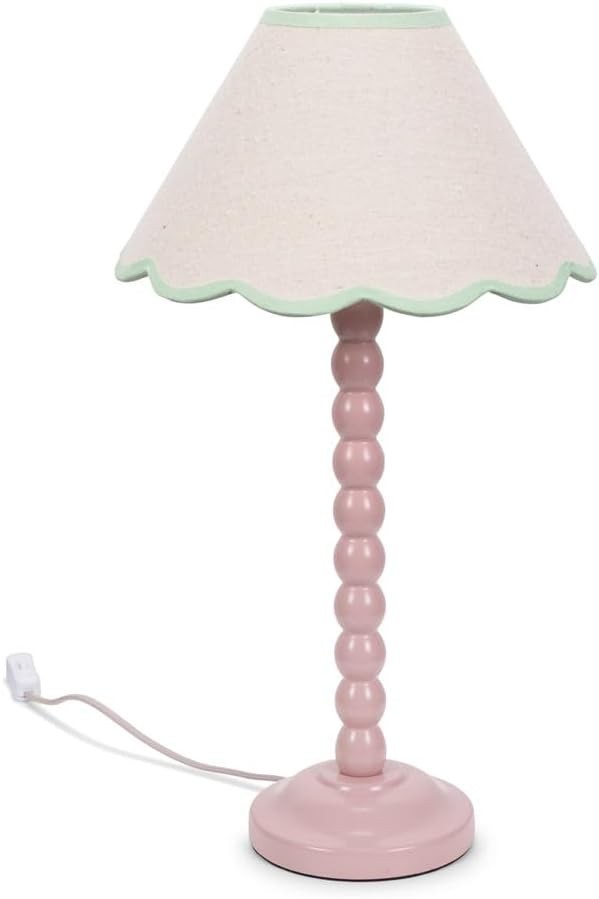 Rose Pink Bobbin Table Lamp Green Trim Scallop Shade Bedside 45cm