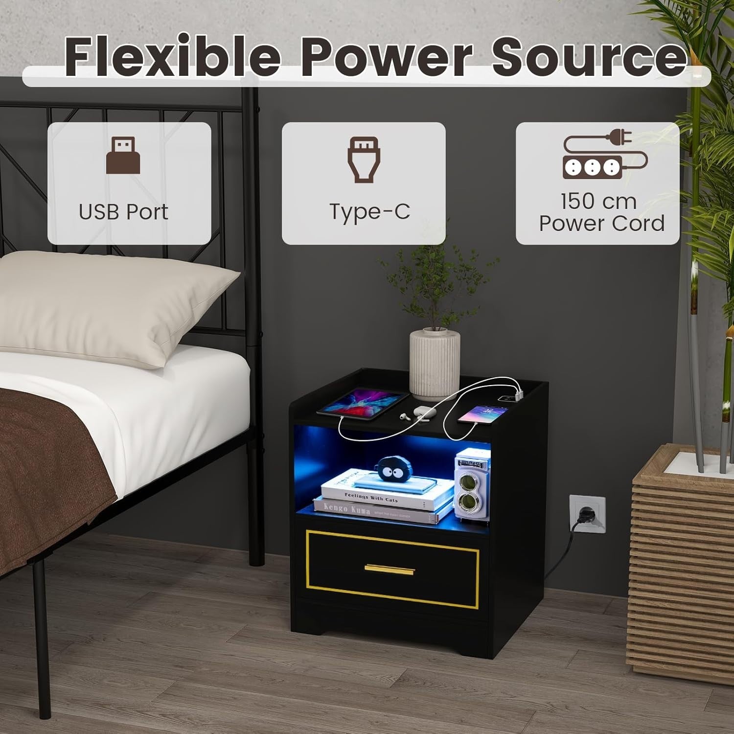 Set of 2 Black LED Bedside Tables with USB Charging & Drawer | Smart Nightstands