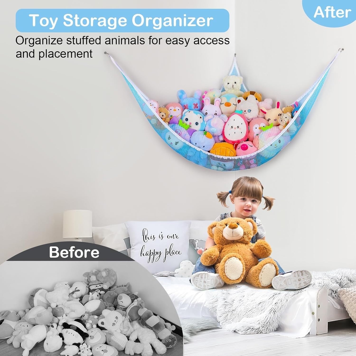 Stuffed Animal Toy Hammock with LED Light – Corner Net Storage Organizer