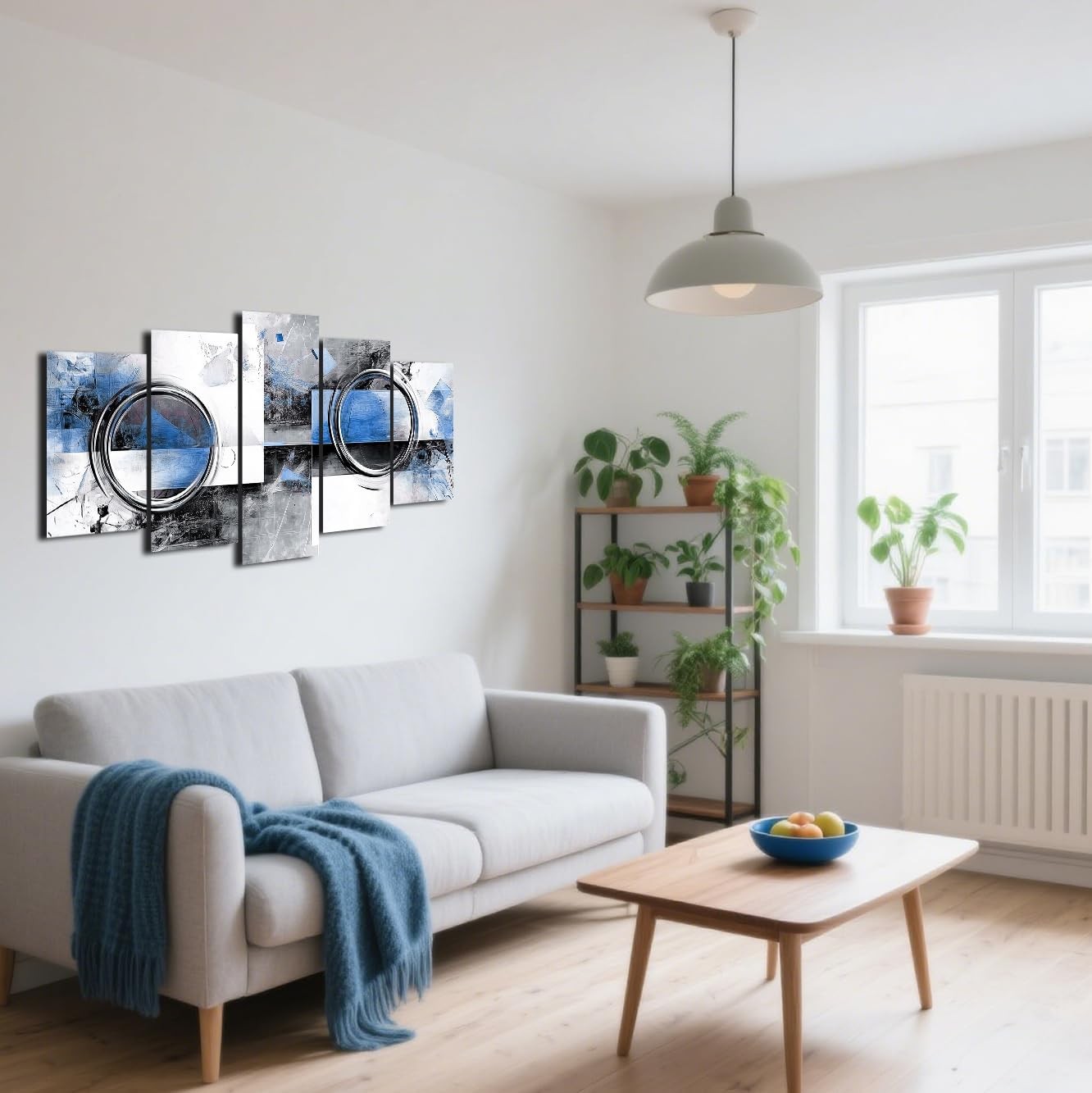 Blue Grey Abstract Canvas Wall Art 5 Piece Framed Set