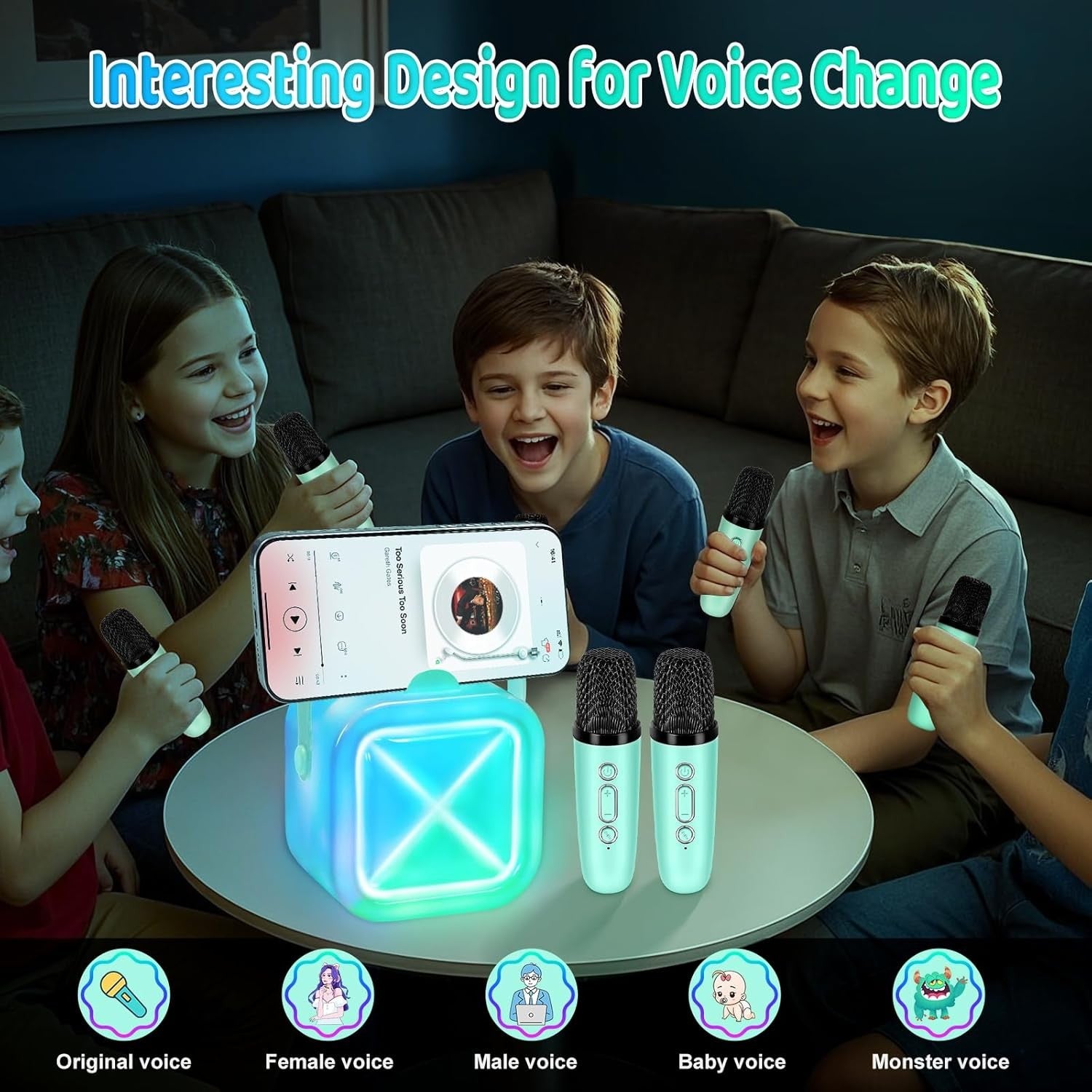 Light Blue Kids Karaoke Machine with 2 Mics Bluetooth LED Speaker
