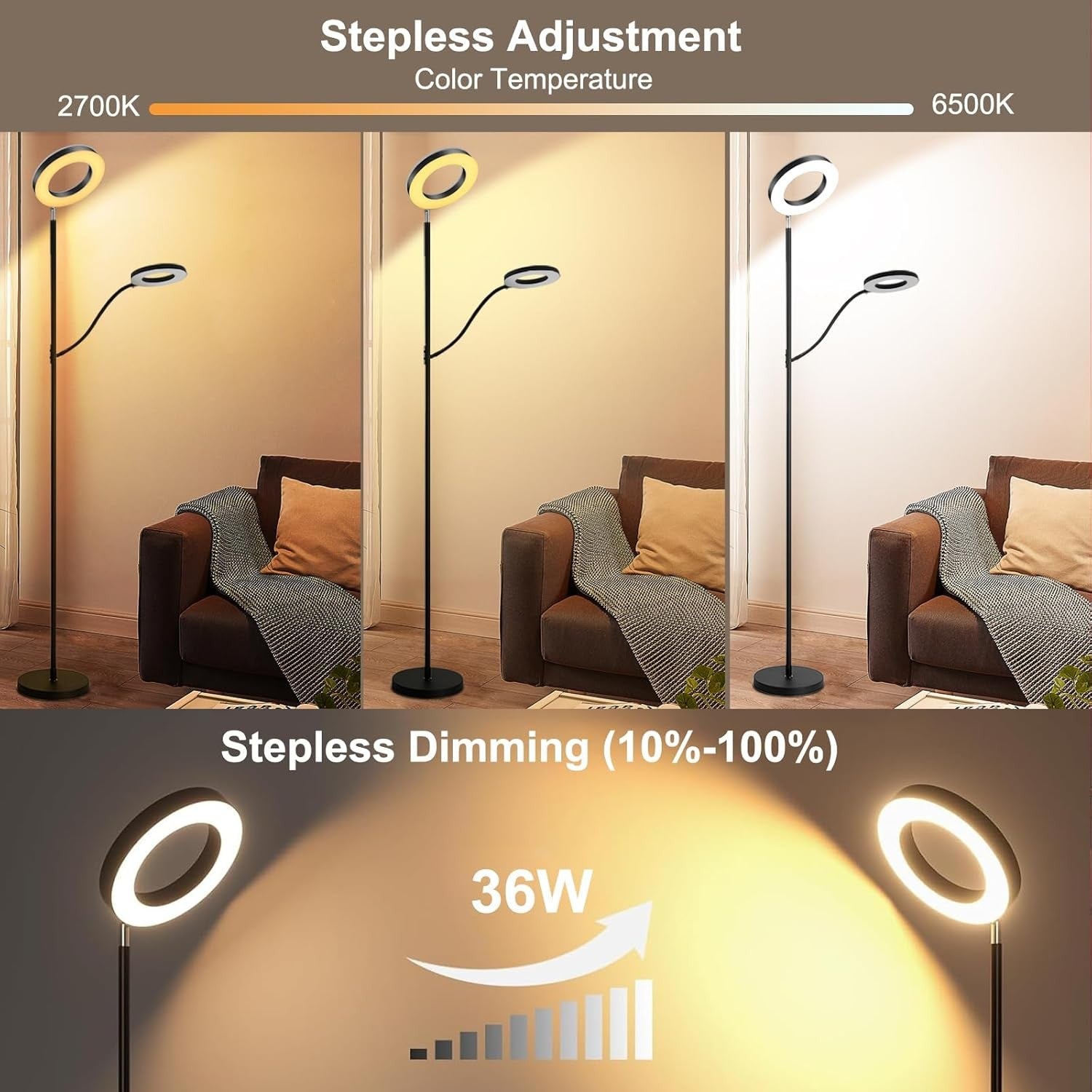 RGB LED Floor Lamp 36W 3600LM Dimmable Torchier with Reading Light