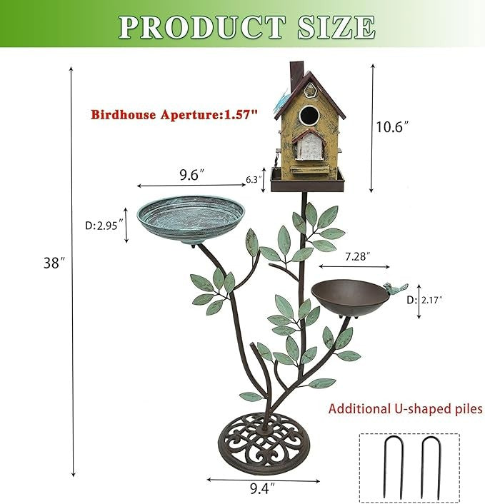 37" Cast Iron Bird Bath 3-in-1 Feeder & Birdhouse – Outdoor Garden Décor