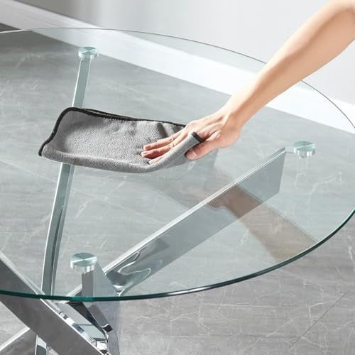 100CM Round Glass Dining Table with 4 Grey Upholstered Chairs Set