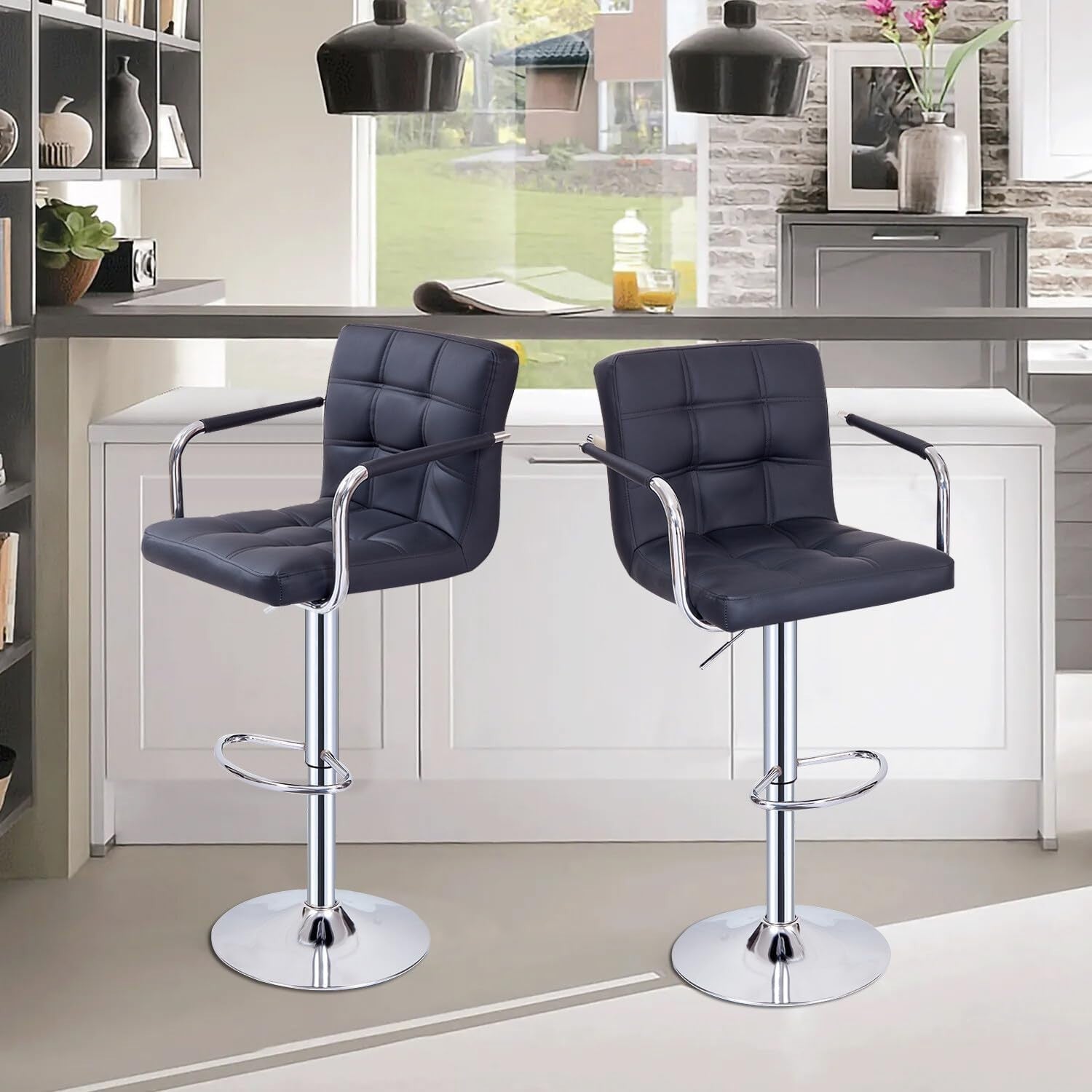 Set of 2 Black Adjustable Swivel Bar Stools with Armrests & PU Leather
