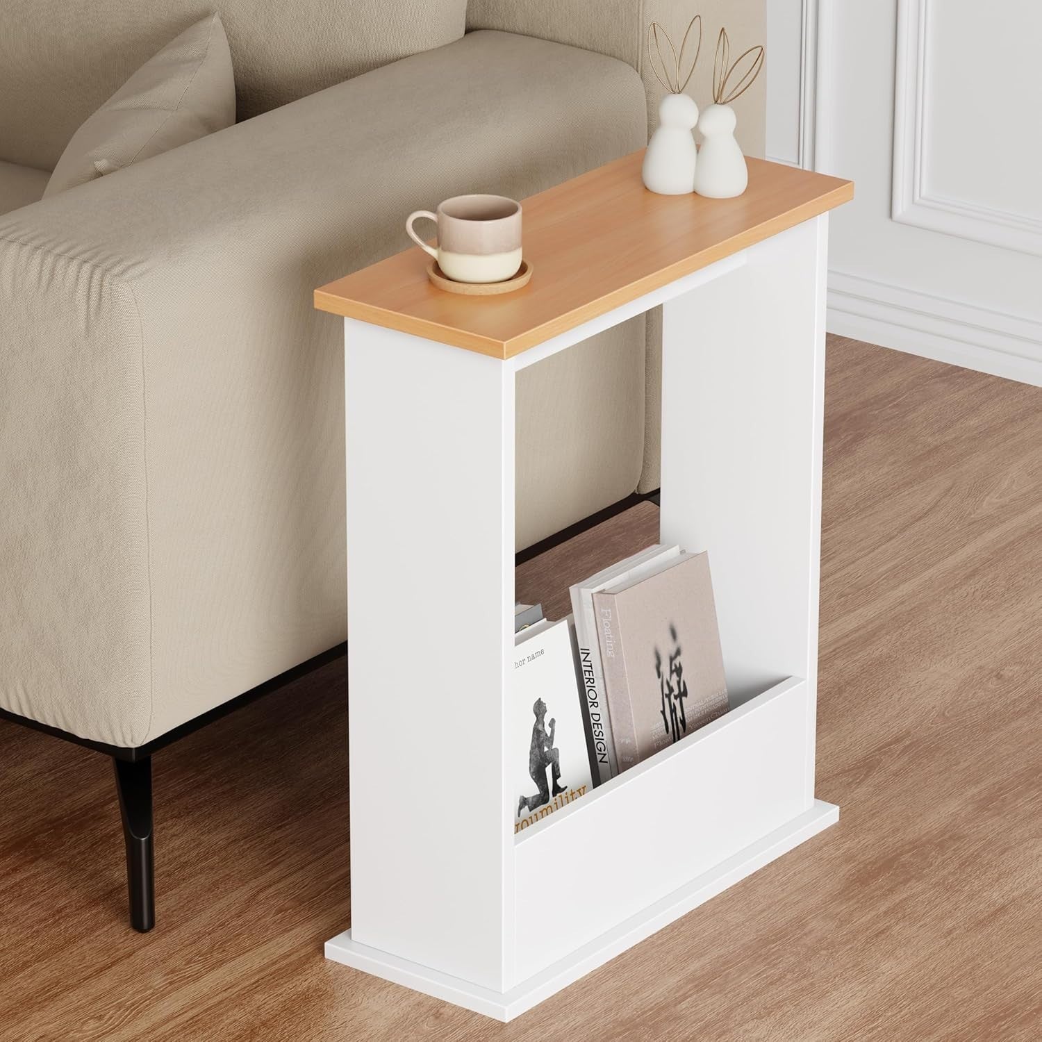 Slim Modern Side Table with Magazine Rack, Space-Saving 55x45x18cm White
