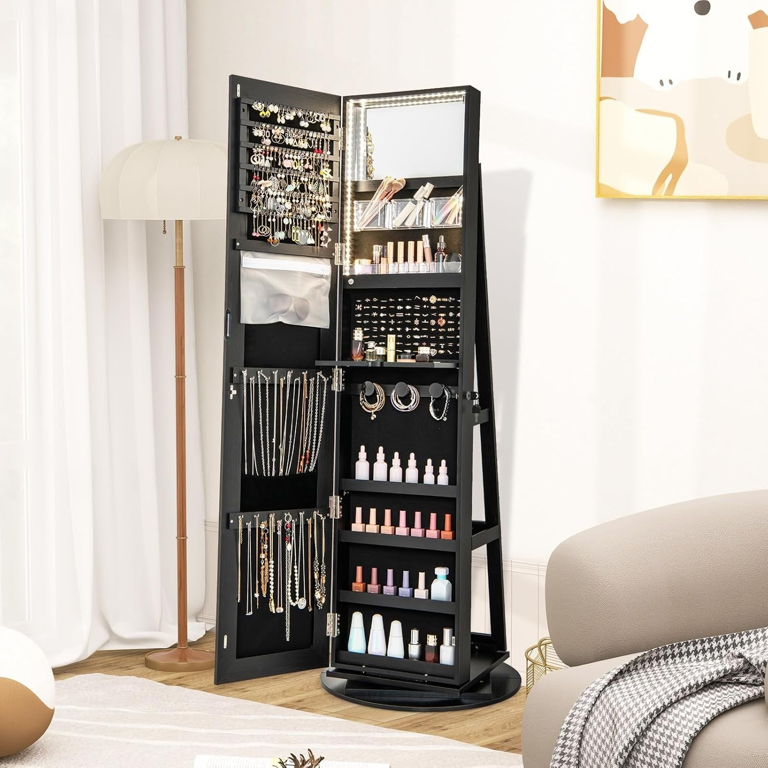 Black Rotating Jewelry Organizer LED Full Mirror Lockable Storage Unit