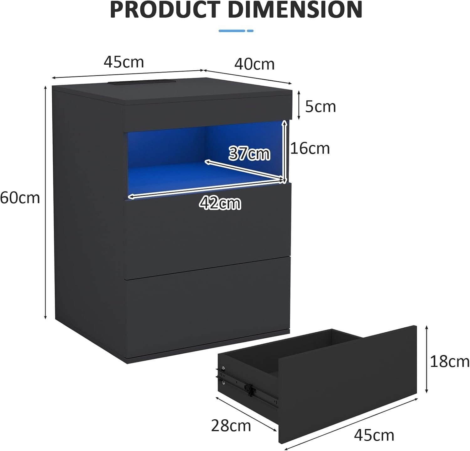 Modern Black LED Bedside Table with Drawers & USB Charging Station