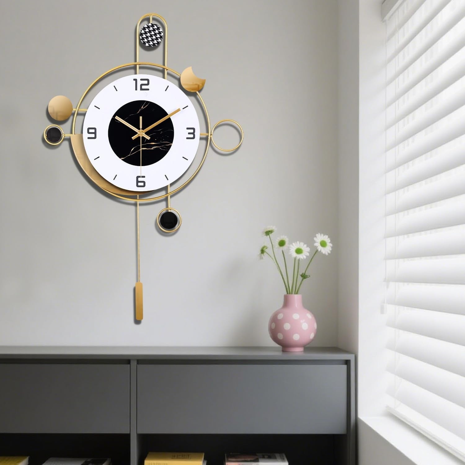 40×55cm Gold & White Pendulum Wall Clock – Silent Quartz Modern Design