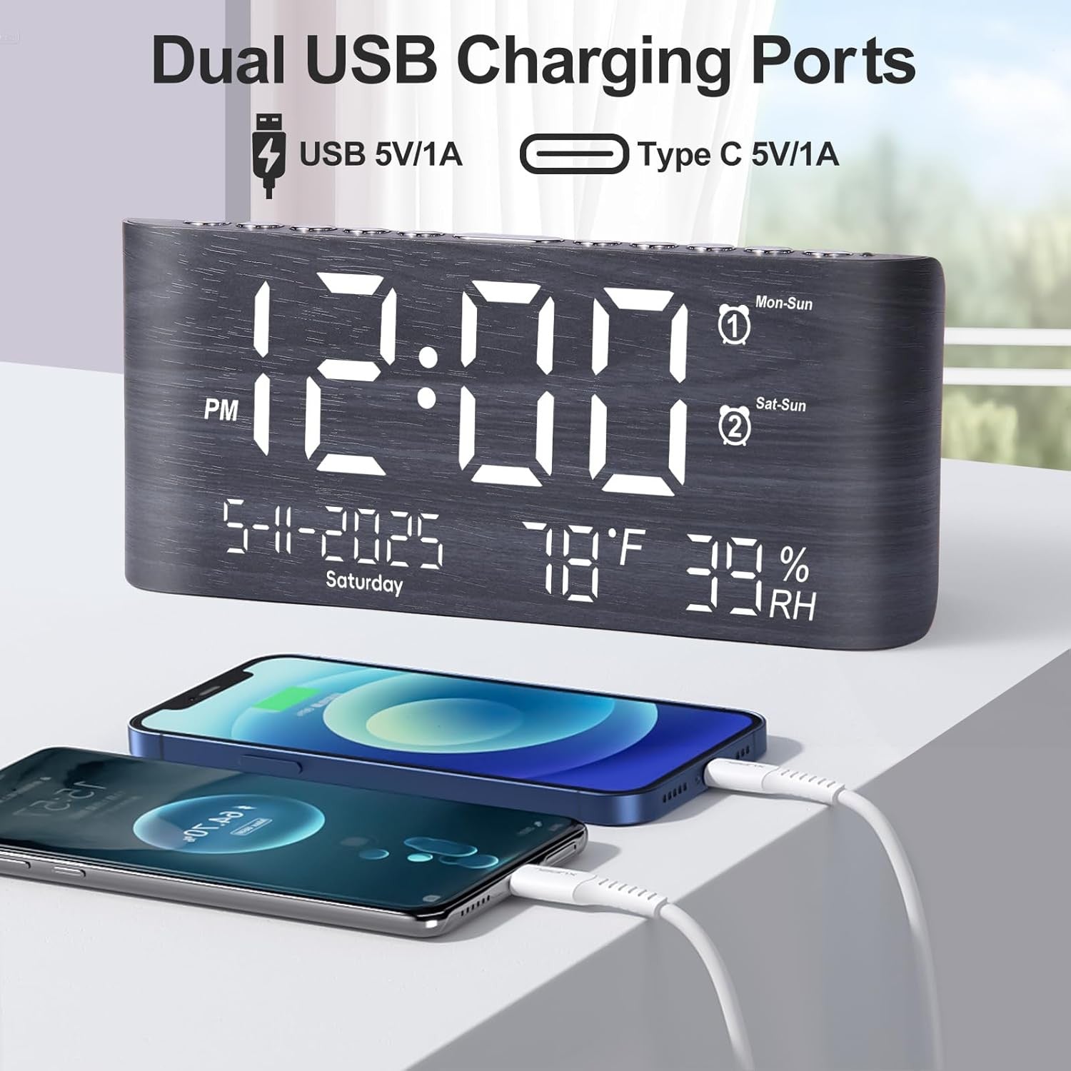 Large Digital Alarm Clock 8.7in Display Temperature Humidity USB Charger